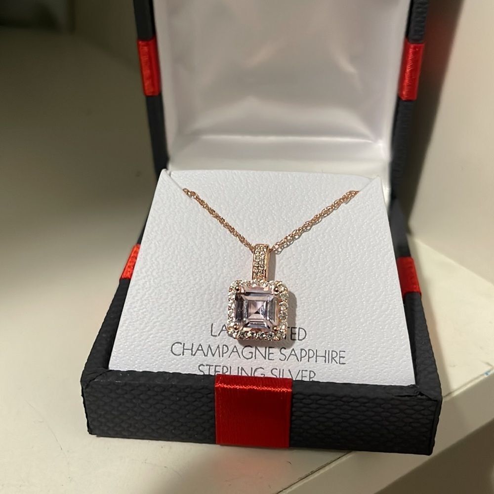 NIB - Lab Created Pink Champagne Sapphire 18” 14K Rose Gold Over Silver Necklace